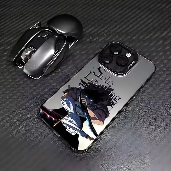 Design Solo Leveling Anime Graphic Phone Case for iPhone 14 Pro Silver Mirror Finish Phone Accessories