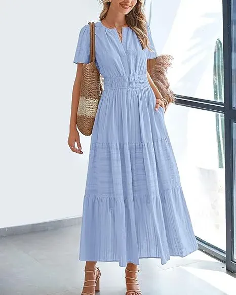 Design Tiered Smocked Waist Maxi Dress in Sky Blue - 48