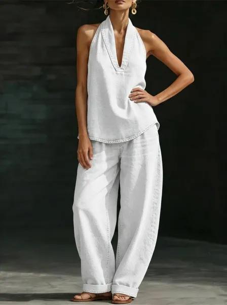 Design Halter Neck Linen Top and Wide-Leg Denim Pants Set White - 1