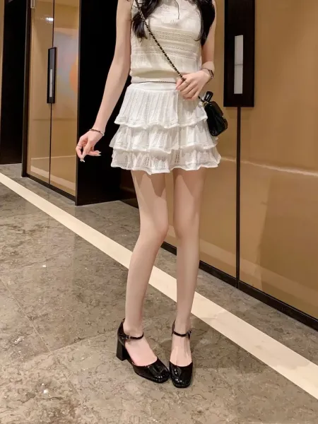 Design YOMO Tiered Knit Ruffle Skirt White Skirt - 10