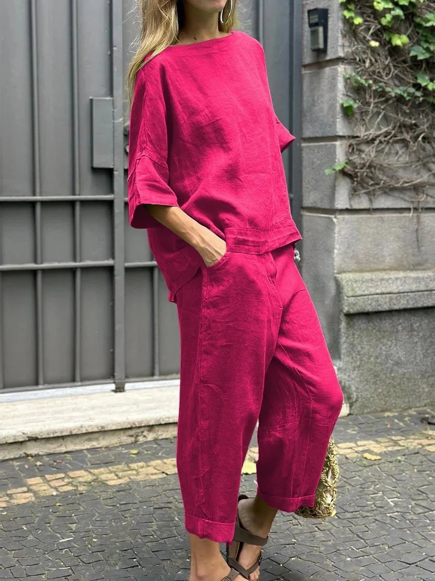 Design Linen Set Magenta Pink Casual Two-Piece Outfit