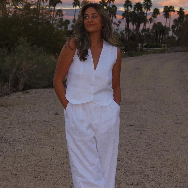 Design Beige Tailored Vest and Wide-Leg Pants Set Sets - 5
