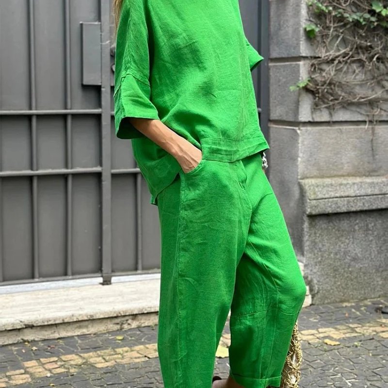 Oversized Linen Top and Cropped Wide-Leg Pants Set Black