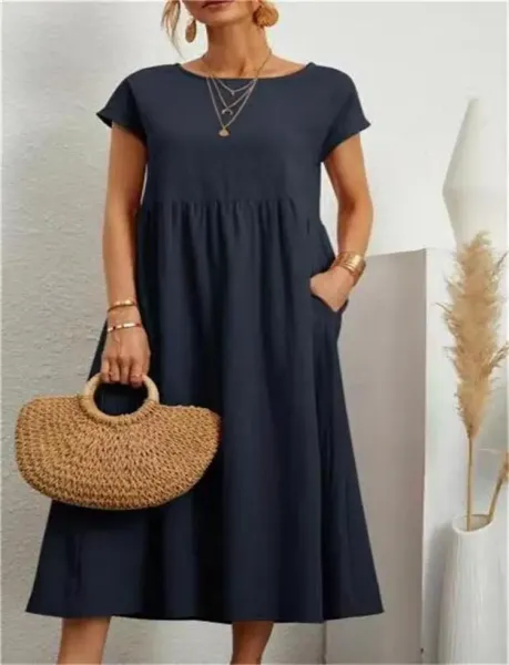 Design Linen Blend Midi Dress in Brown with Pink Trim - 12