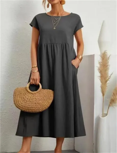 Design Linen Blend Midi Dress in Brown with Pink Trim - 13