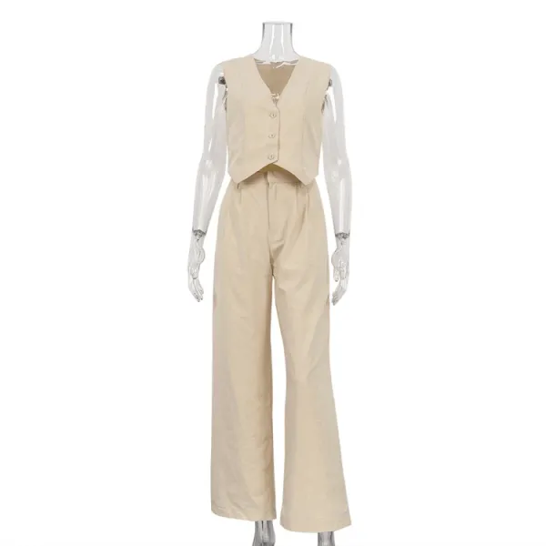 Design Beige Tailored Vest and Wide-Leg Pants Set Sets - 18