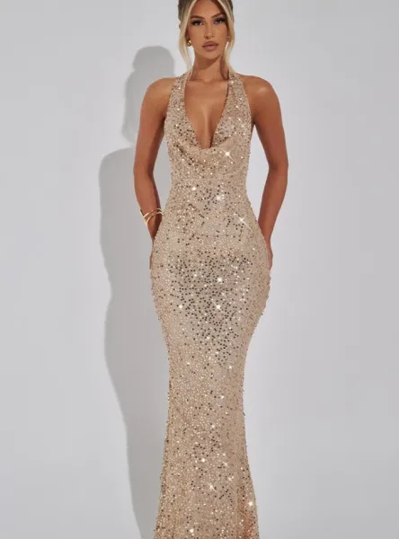 Design Sheer Sequined Halter Gown Black Dress - 3
