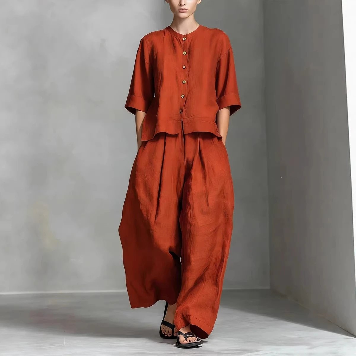 Linen Two Piece Set Rust Casual Outfit