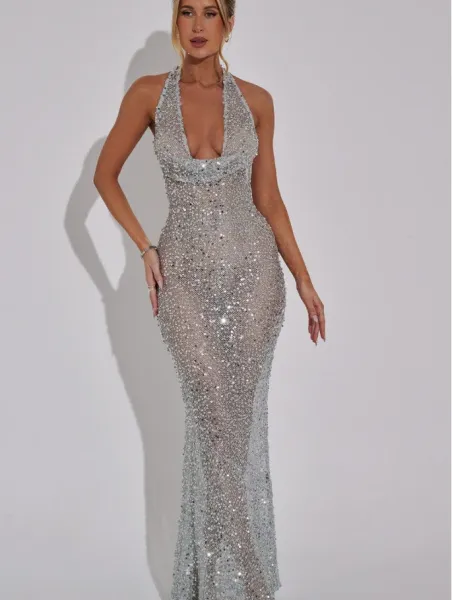 Design Sheer Sequined Halter Gown Black Dress - 13