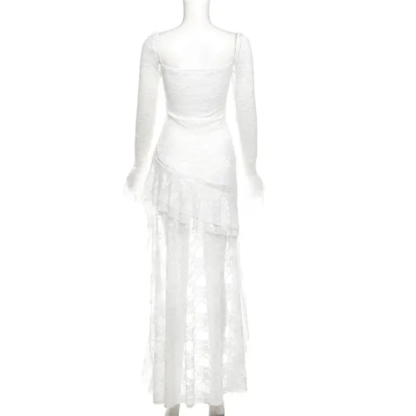 Design Lace Ruched Asymmetrical Maxi Dress White - 17