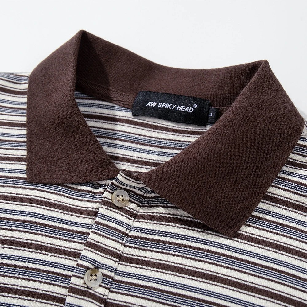 AJM Sport Head Striped Brown White Navy Classic Polo Shirt