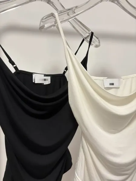 Design Cream Satin Cami Top with Logo Detail and Black Pleated Trousers - 7