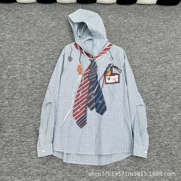 Design Hooded Shirt with Necktie Print and Charm Embellishments Light Blue Checkered Hoodie - 1