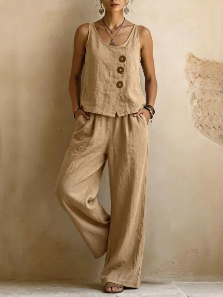 Design Linen Button-Front Tank Top and Wide-Leg Pants Set Beige - 6