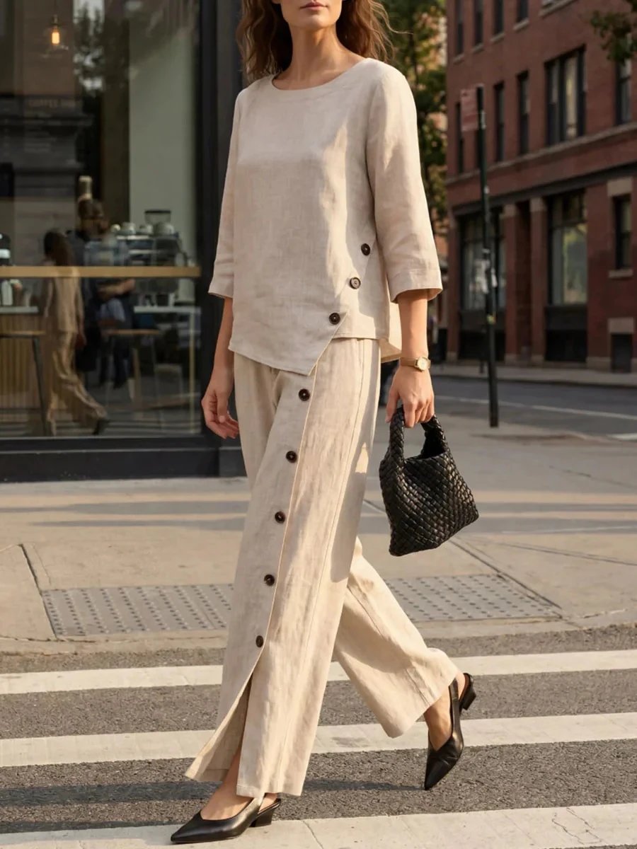 Design Linen Button-Asymmetry Set Yellow Pants and Top - 4