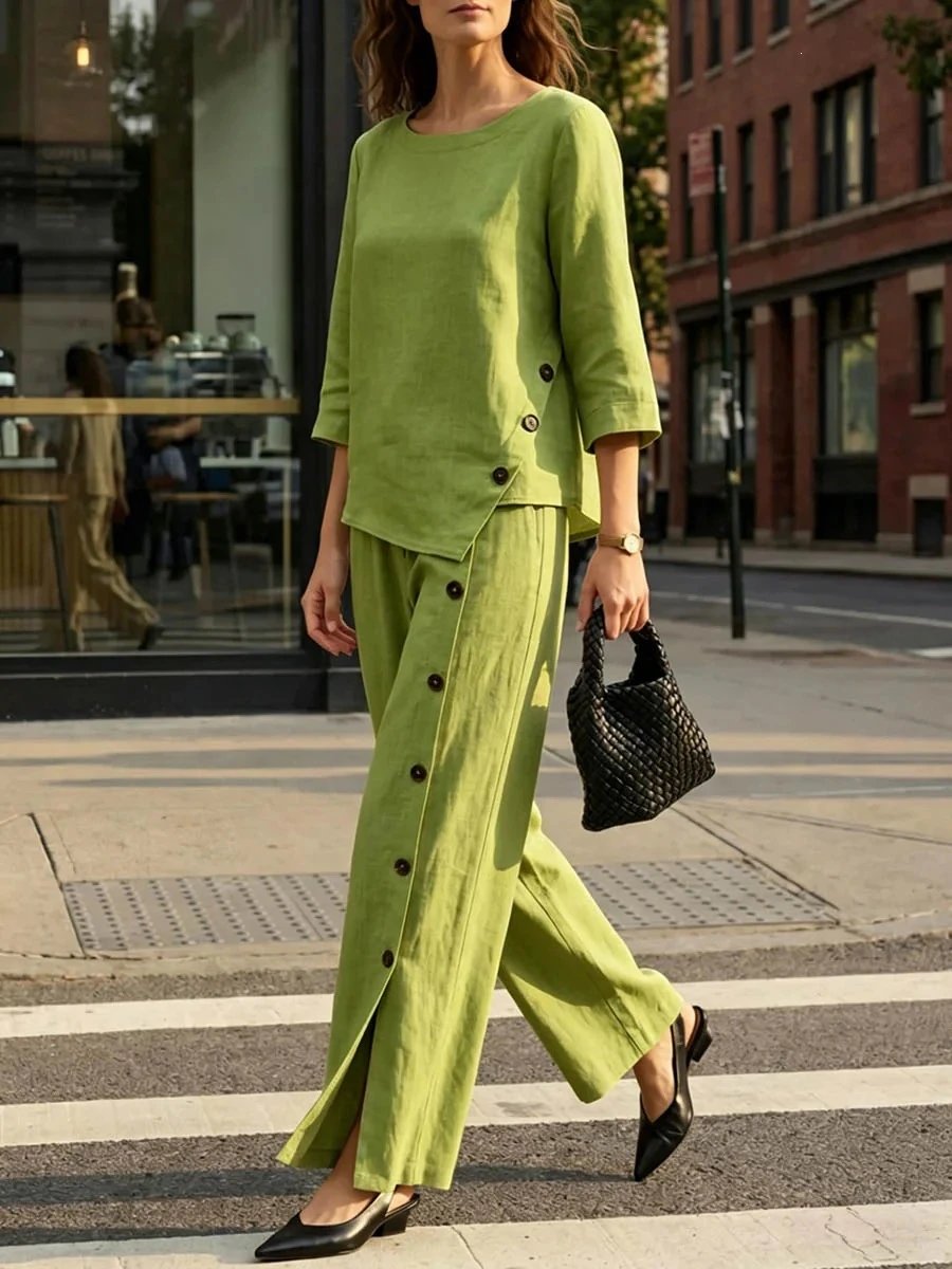 Design Linen Button-Asymmetry Set Yellow Pants and Top - 8