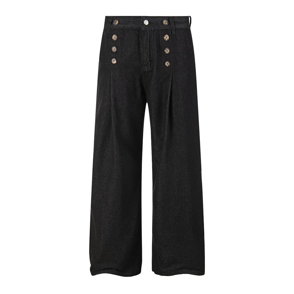 Design Wide-Leg Denim Trousers with Double-Breasted Button Detail Black Jeans