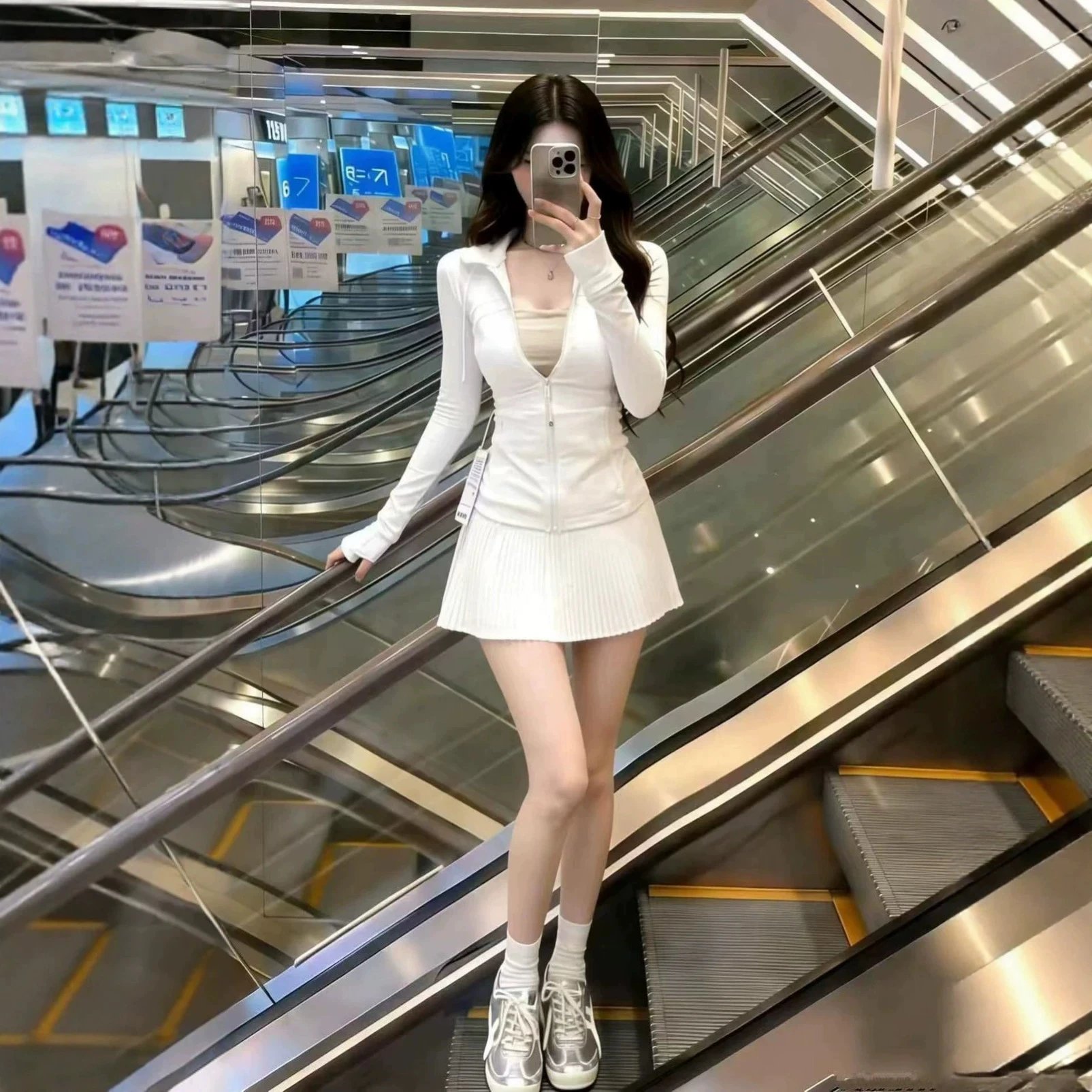 White Long Sleeve Zip-Up Crop Top and Pleated Skirt Set Sporty