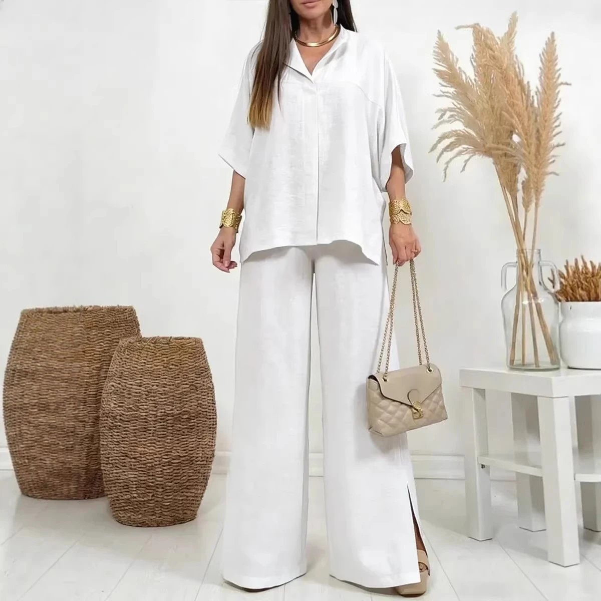 Linen Shirt and Wide-Leg Pants Set White