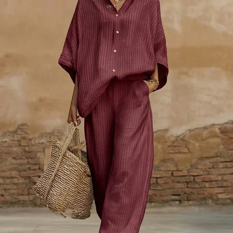 Wide-Leg Stripe Linen Set Burgundy