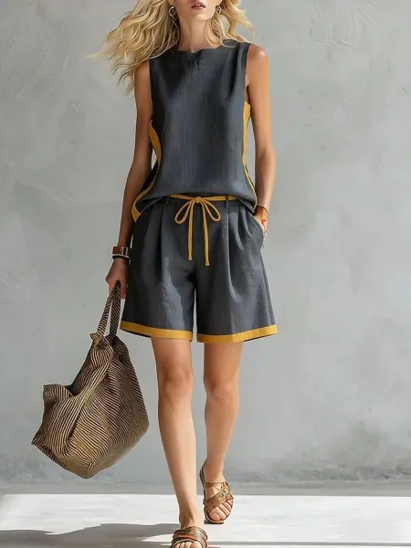 Design Two-Tone Green and Yellow Sleeveless Top and Shorts Set - 10