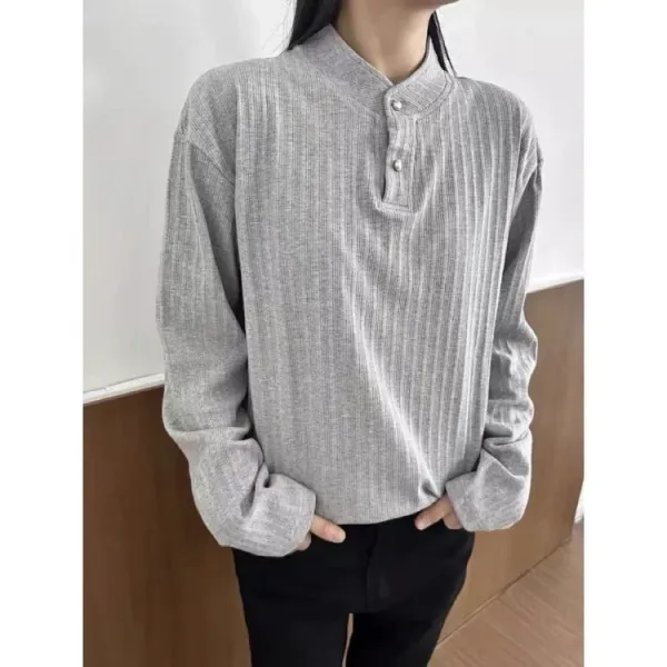 Design Henley Shirt Gray Ribbed Top - 11