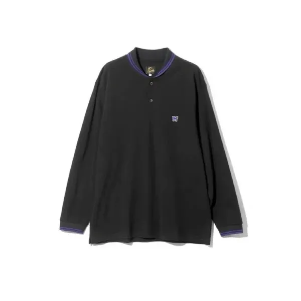 Needles Henley Long Sleeve Black Navy Trim Top - 11