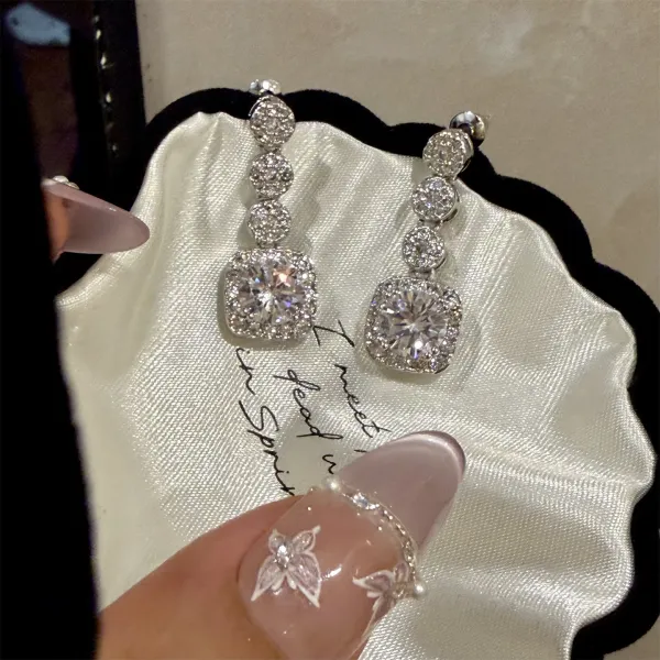 Design Cushion Cut Drop Earrings with Pave Crystals Silver Jewelry - 11