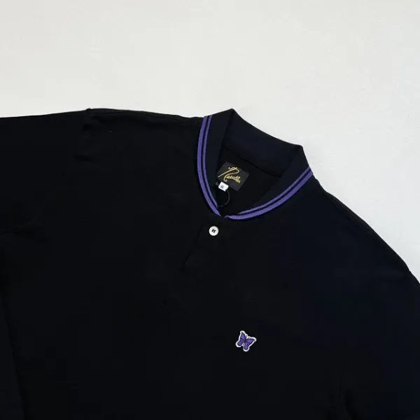 Needles Henley Long Sleeve Black Navy Trim Top - 14