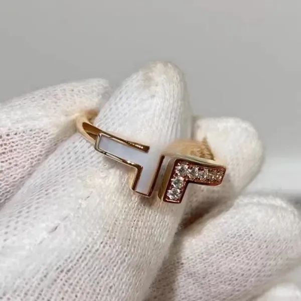 Tiffany & Co. T Square Ring Rose Gold White Ceramic Pave Diamond Ring Jewelry - 1