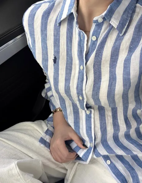 Polo Ralph Lauren Striped Linen Shirt Blue and White Tops Shirt - 1