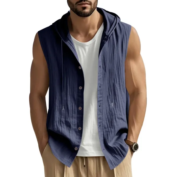 Design Sleeveless Hooded Button-Up Shirt White Tops - 14