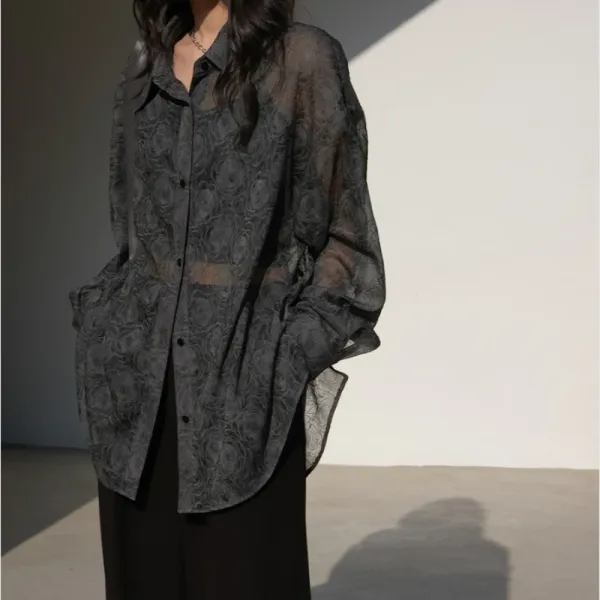 Design Sheer Floral-Print Oversized Shirt Black Tops Shirt - 9