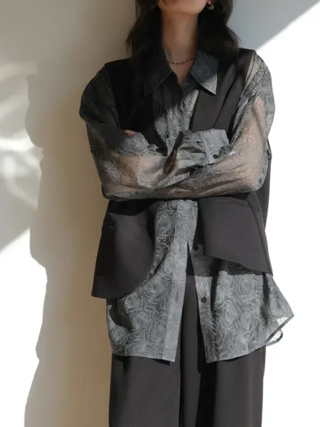 Design Sheer Floral-Print Oversized Shirt Black Tops Shirt - 14