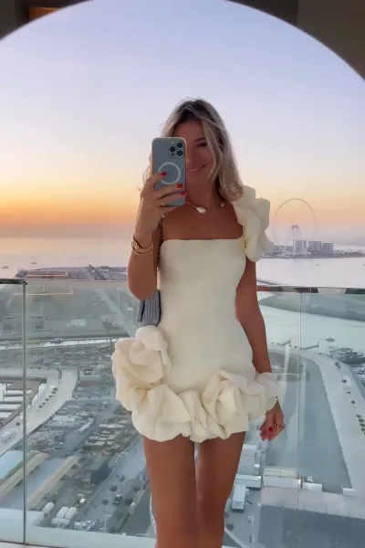Design Ruffled Strapless Mini Dress in Cream - 5