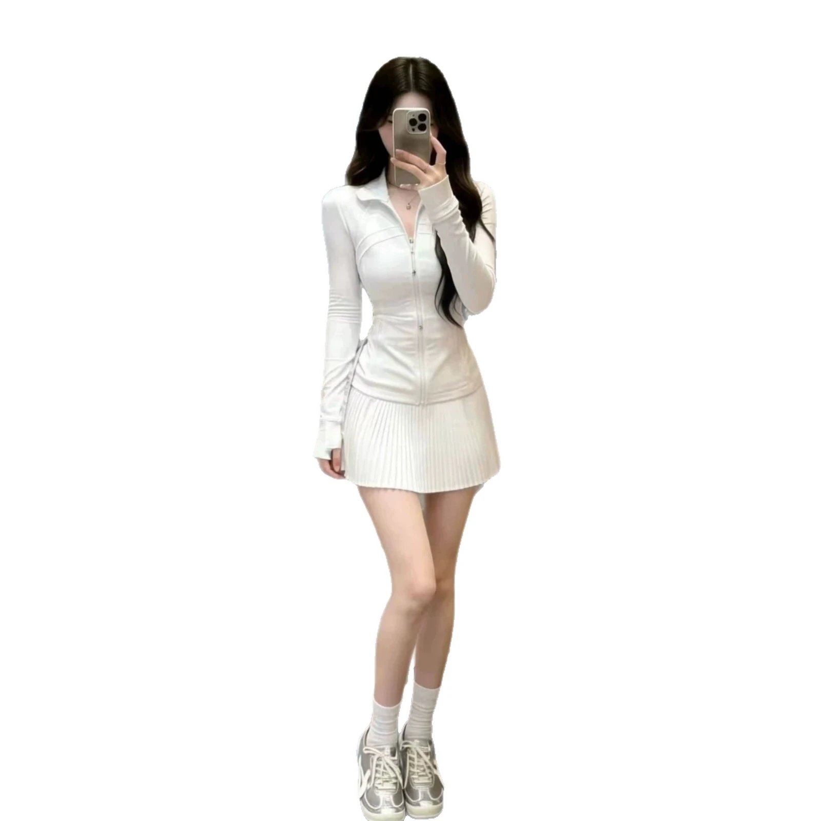 White Long Sleeve Zip-Up Crop Top and Pleated Skirt Set Sporty