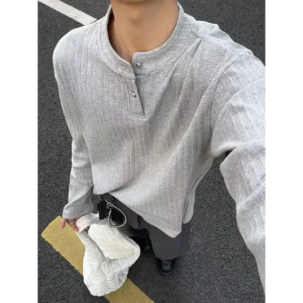 Design Henley Shirt Gray Ribbed Top - 4