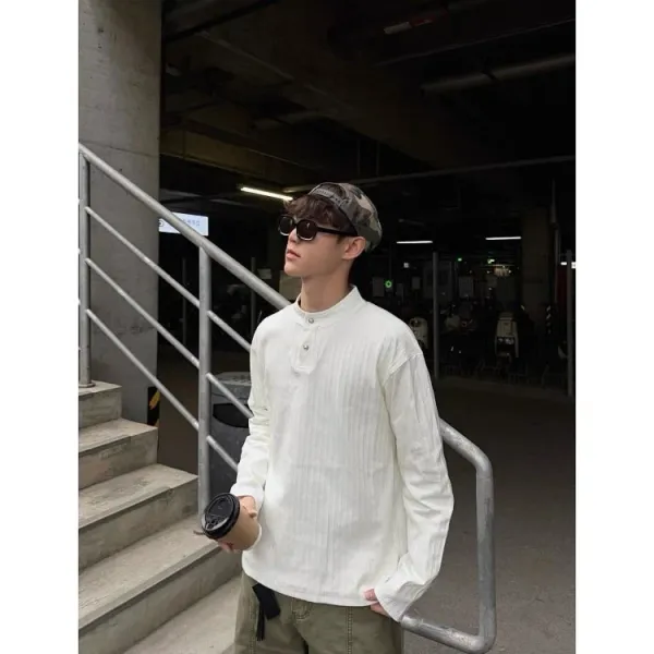 Design Henley Shirt Gray Ribbed Top - 7