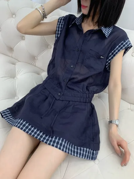 Design Sleeveless Shirt and Shorts Set Navy with Plaid Trim - 6