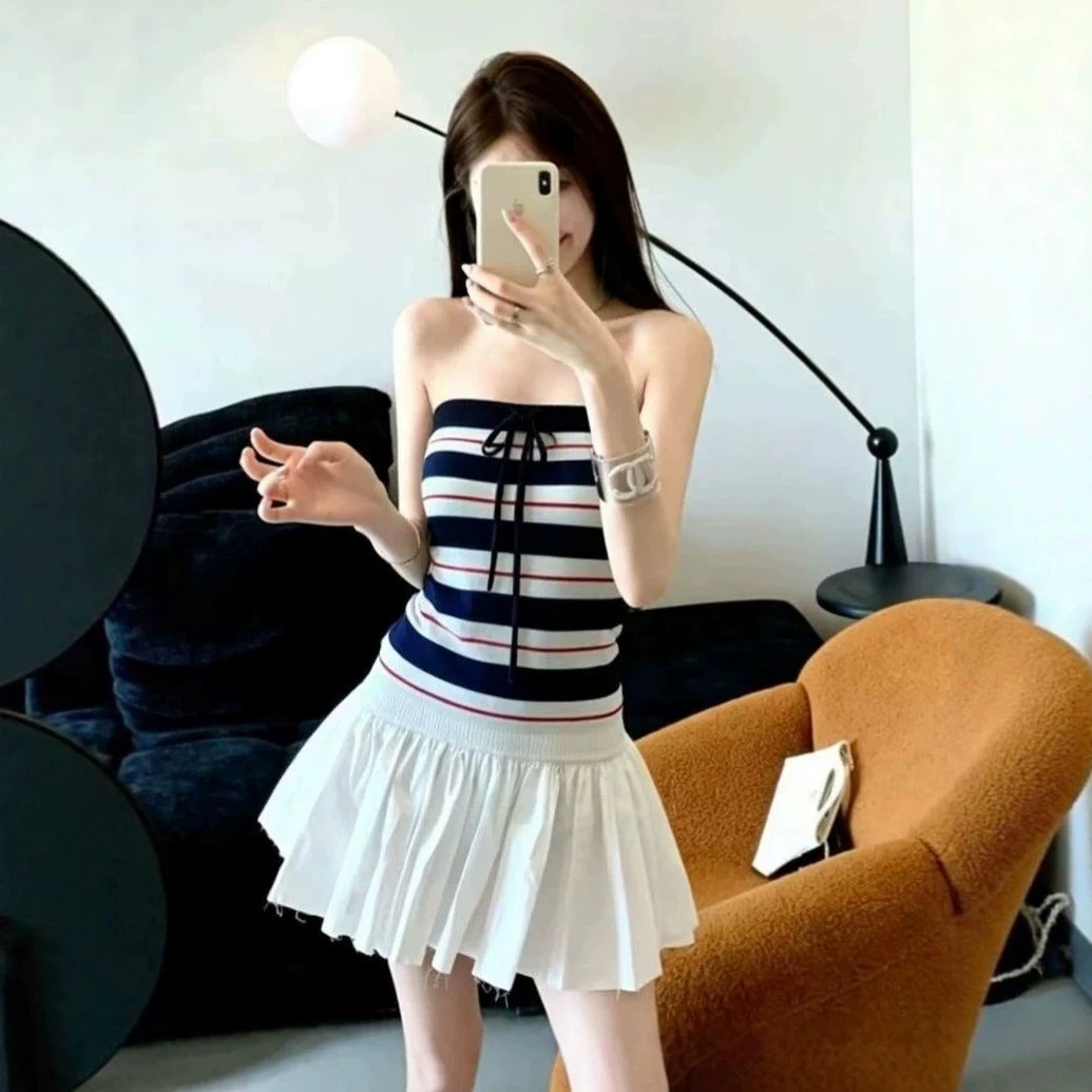 Striped Navy White Red Bow Knot Tube Top Red Puff Skirt Set