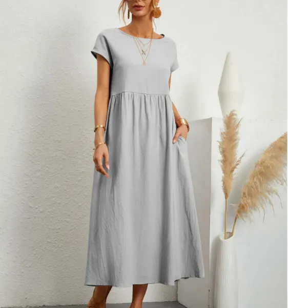 Design Linen Blend Midi Dress in Brown with Pink Trim - 9