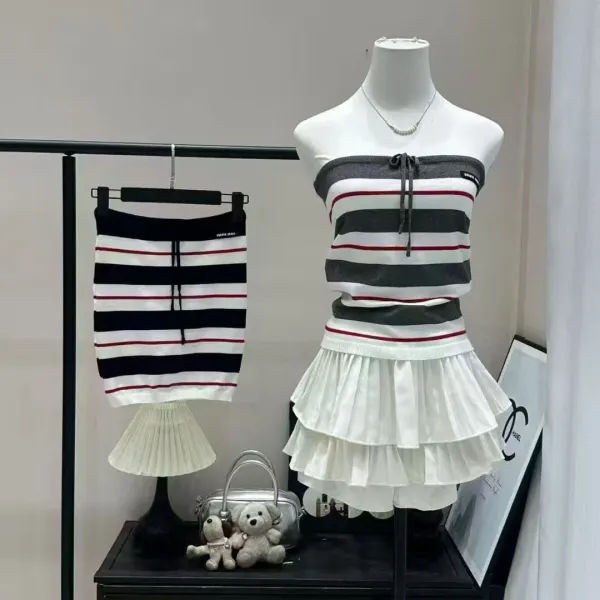 Design Striped Knit Tube Top with Tiered Pleated Skirt Set White / Gray / Red Sets - 8