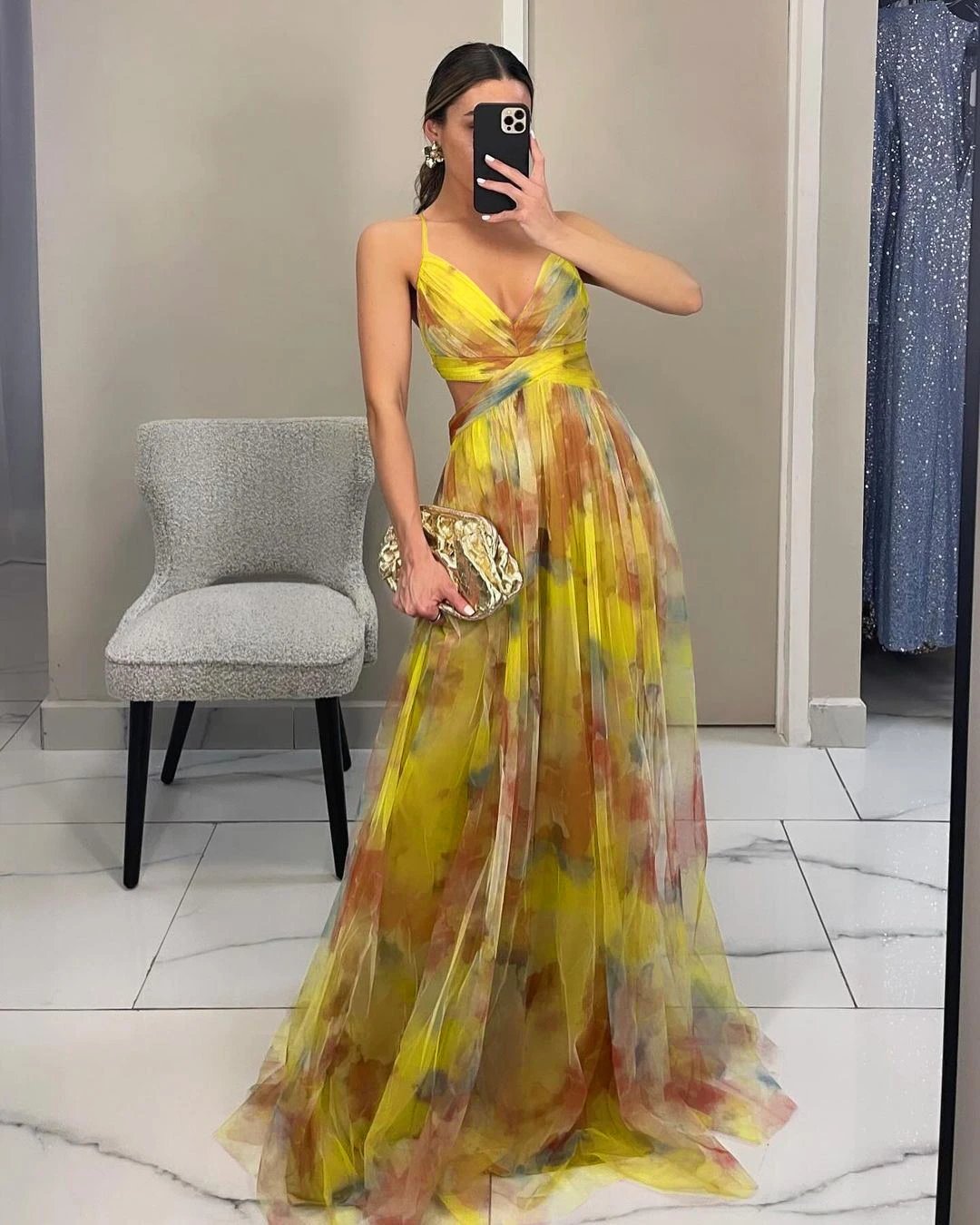 Design Floral Print V-Neck Maxi Dress Yellow Green Multicolor - 14