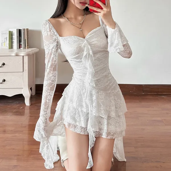 Design Lace Ruched Asymmetrical Maxi Dress White - 10