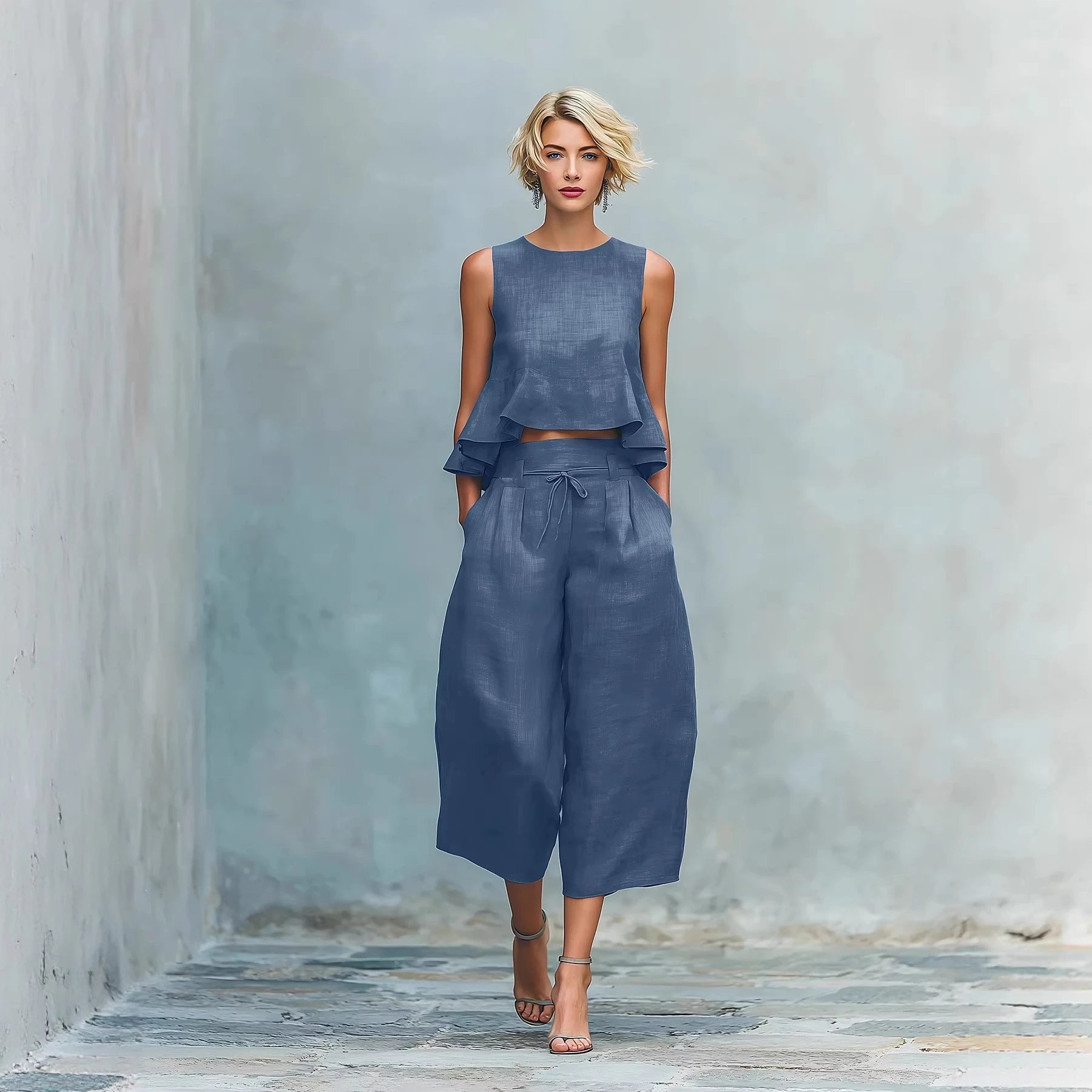 Pink Linen Peplum Top And Wide Leg Culottes Set