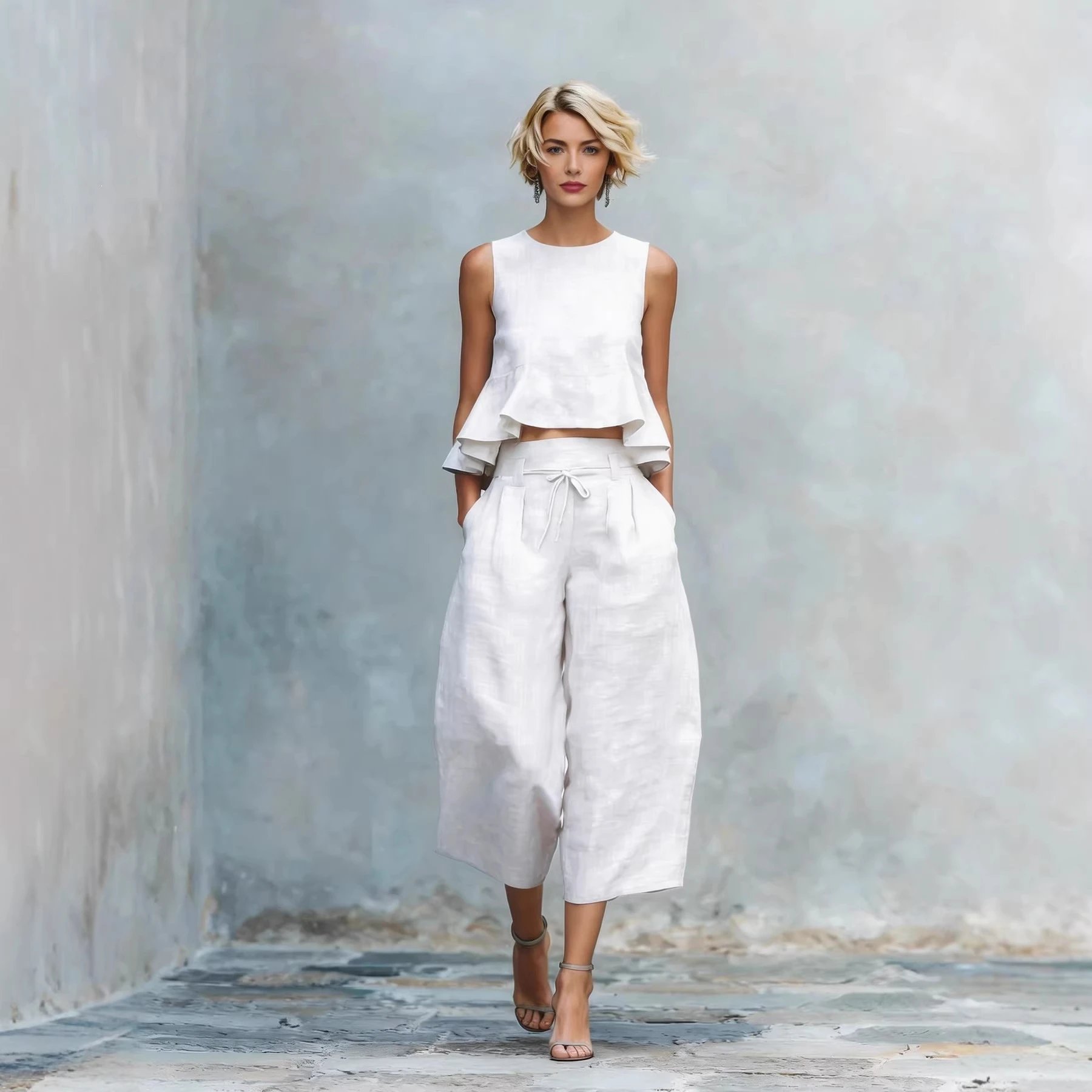 Pink Linen Peplum Top And Wide Leg Culottes Set