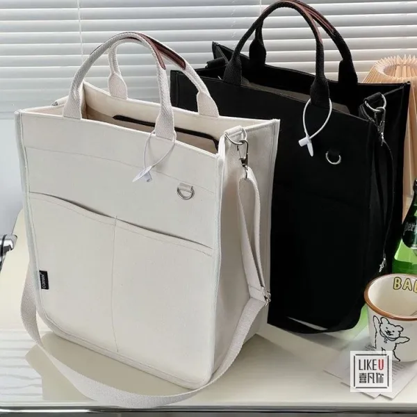 Design Canvas Tote Bag Beige with Brown Straps Handbag - 16