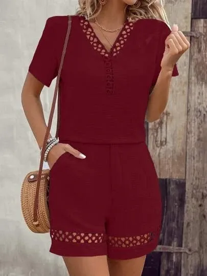 Design Lace-Trimmed V-Neck Romper Black Sets - 16