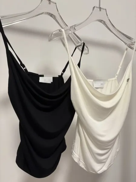 Design Cream Satin Cami Top with Logo Detail and Black Pleated Trousers - 6