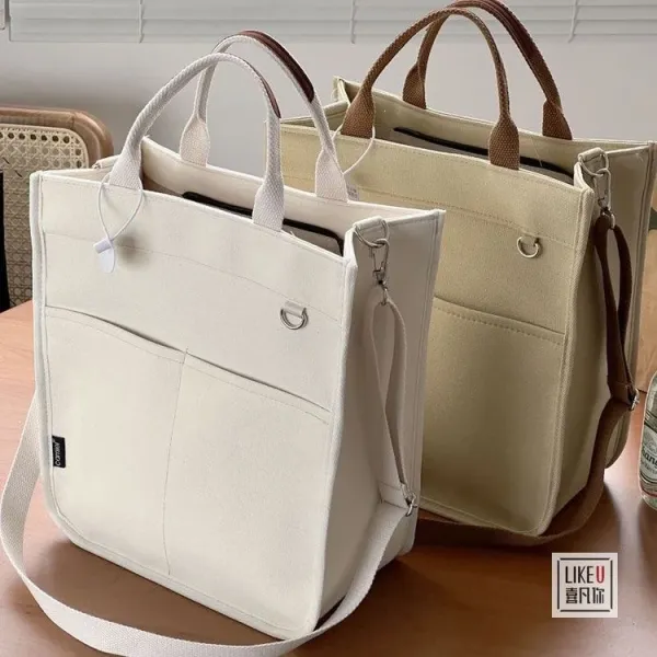 Design Canvas Tote Bag Beige with Brown Straps Handbag - 30